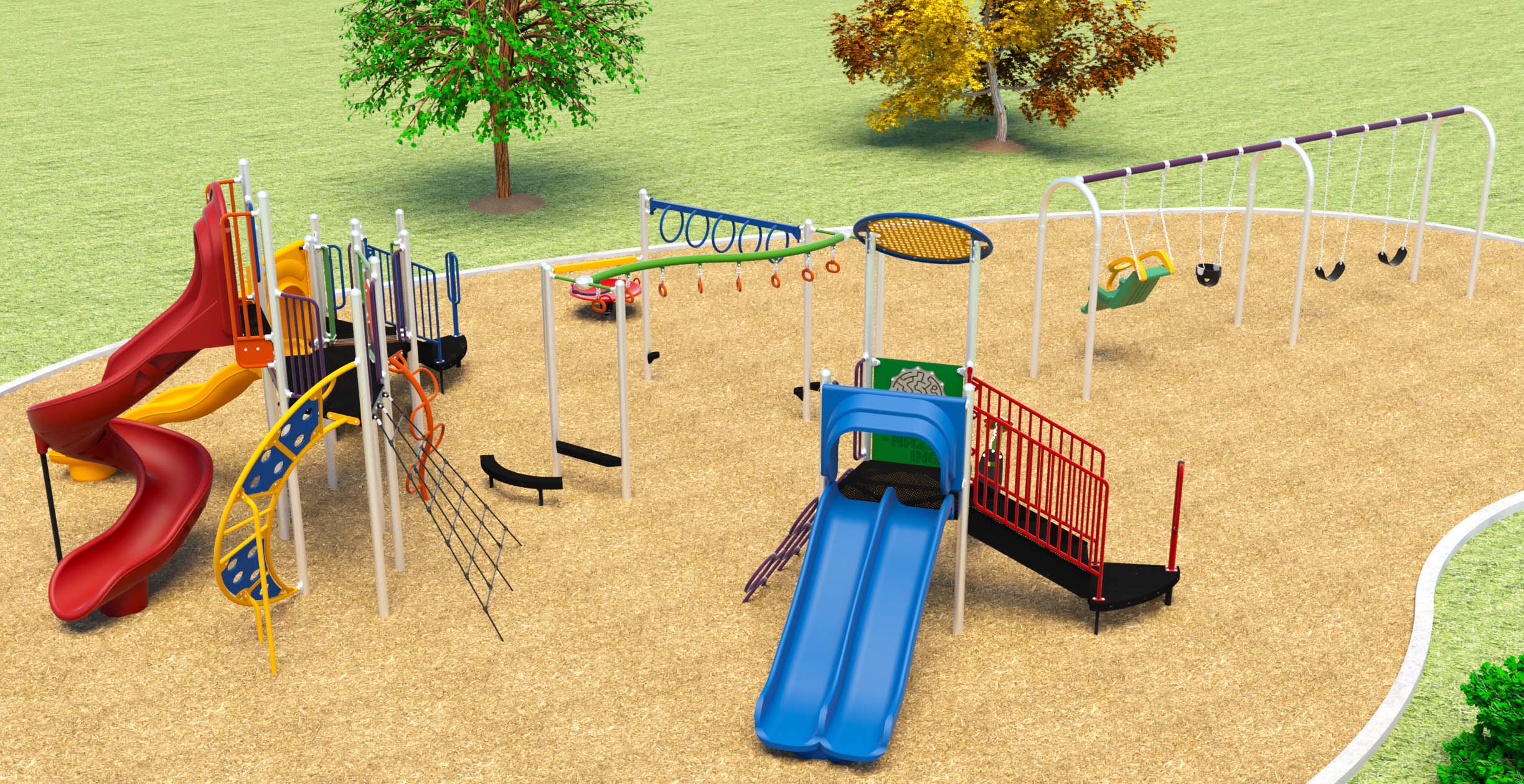 Final playground design rendering. From left to right, features include a senior play structure, overhead climber, spinner toy, junior play structure and swing set.