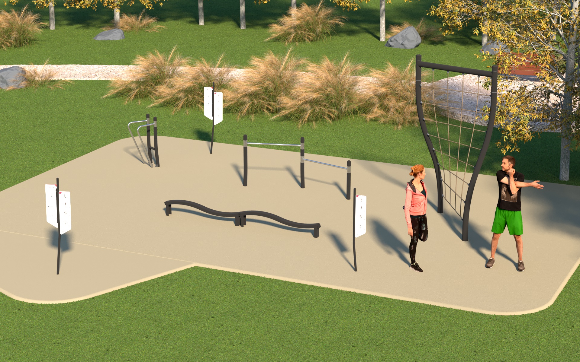 Final outdoor fitness area rendering. From left to right, the fitness equipment includes a dip station, balance beam, double push-up bars and a tall cargo climbing net. Three instruction panels are positioned around the equipment. 