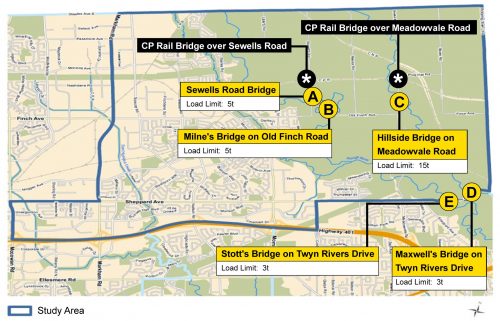 Map showing study area, bridge locations and load limits for the Rouge Park Transportation Master Plan from McCowan Road to Altona Road and Highway 401 to Steeles Avenue East. Bridges include Sewells Road Bridge, Milne's Bridge on Old Finch Road, Hillside Bridge on Meadowvale Road, Stott's Bridge on Twyn Rivers Drive and Maxwell's Bridge on Twyn Rivers Drive.