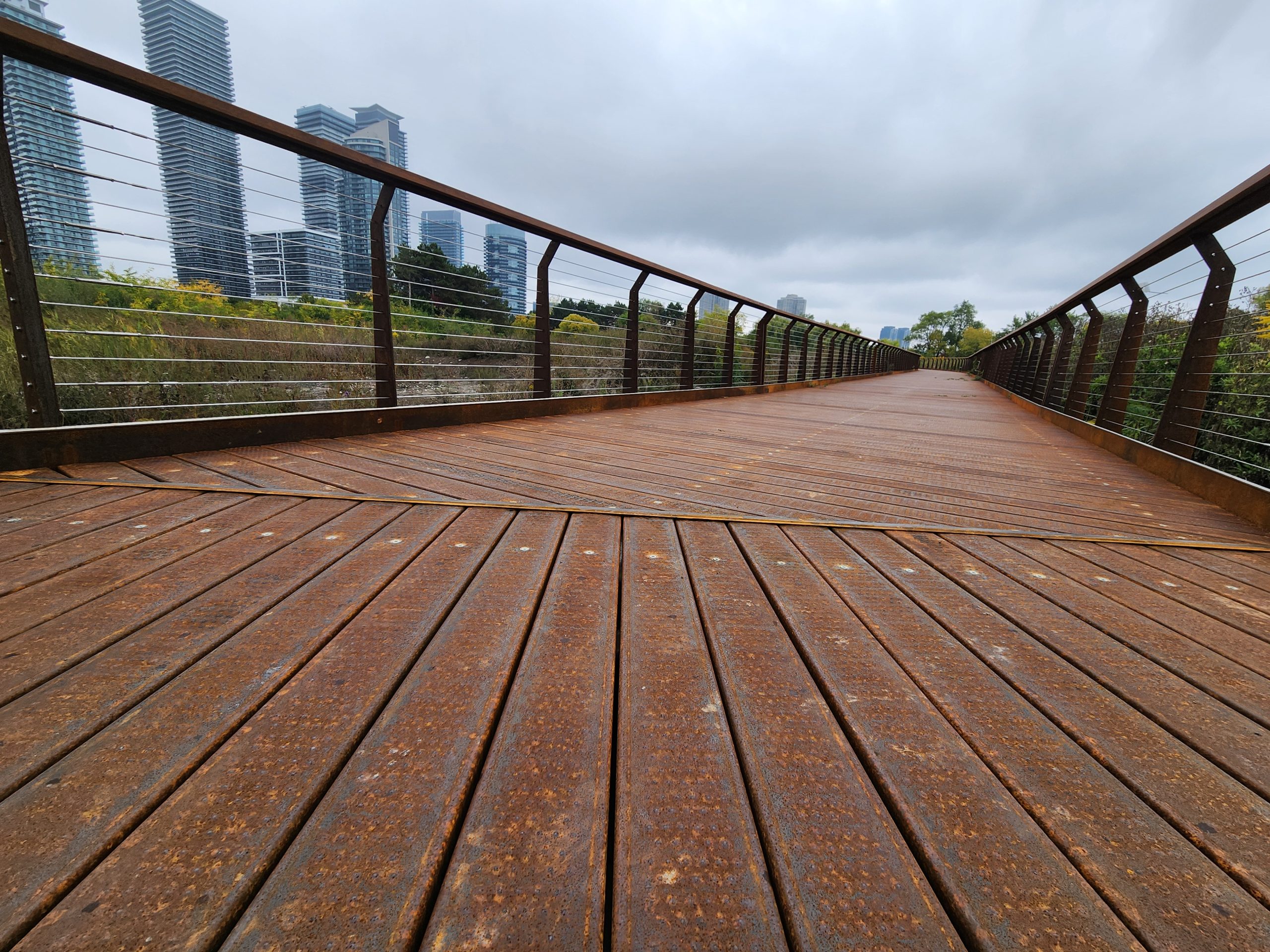Ground-level view of a metal boardwalk with wooden handrails and horizontal cabling on both sides. The boardwalk extends straight through an area surrounded by trees and tall buildings in the distance.