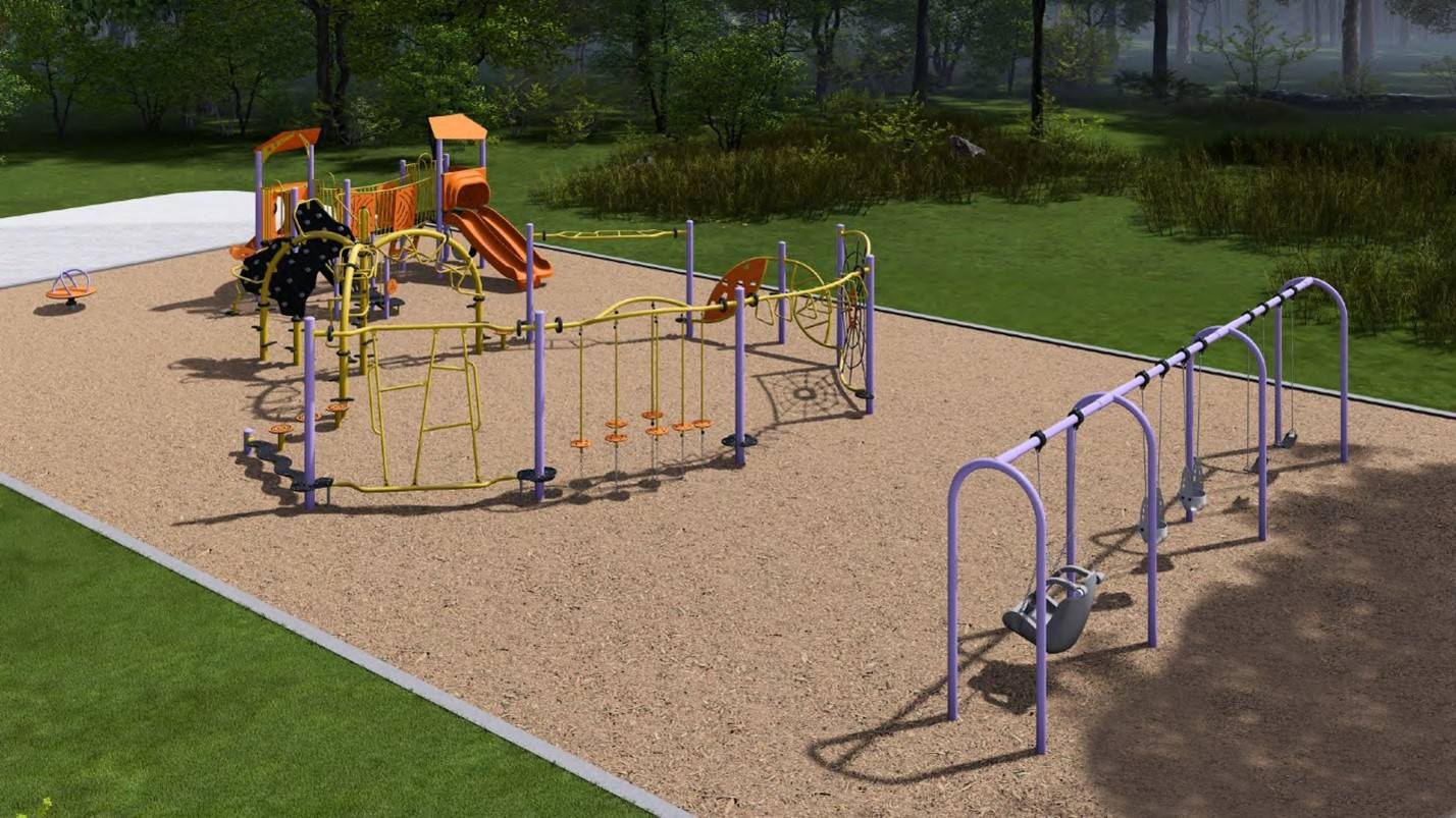 The final design for the new Huntsmill Park playground, which has been refined based on community feedback. It will be bright colours like yellow, orange and purple and will include the play features listed below.