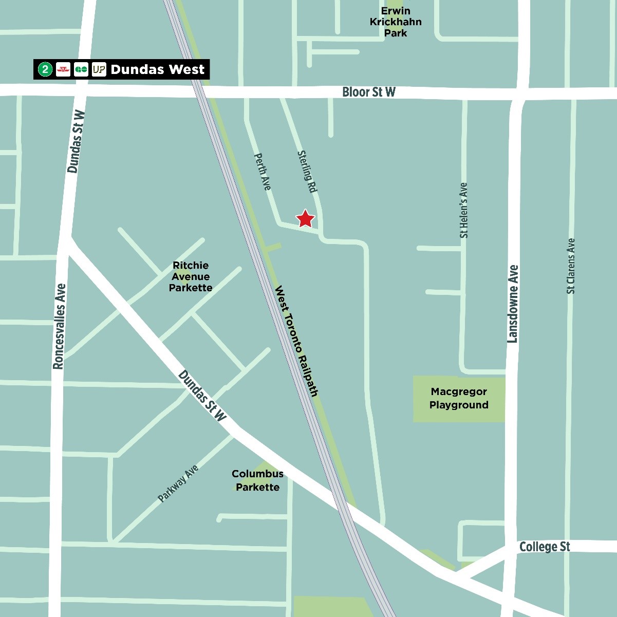 A map with a star marking the new park site at the corner of Perth Avenue and Sterling Road. The map boundaries are Bloor Street West to the north, Lansdowne Avenue to the east, Roncesvalles Avenue to the west, and Dundas Street West to the south which then turns northward past Roncesvalles. The West Toronto Railpath is visible just to the west of Perth Avenue.