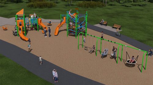 An aerial view of Playground Design B. From left to right, the playground features a spring toy, junior play structure, sit-down spinner, senior play structure, and triple-bay swing set.
