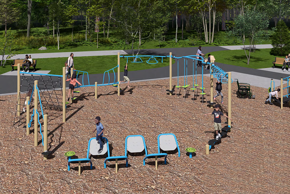 A rendering of Playground Design B, looking towards the northeast. From left to right, it includes a swing set, a senior play structure, a junior play structure, and freestanding equipment, including a standing spinner, a spring rider, and a seated spinner. 