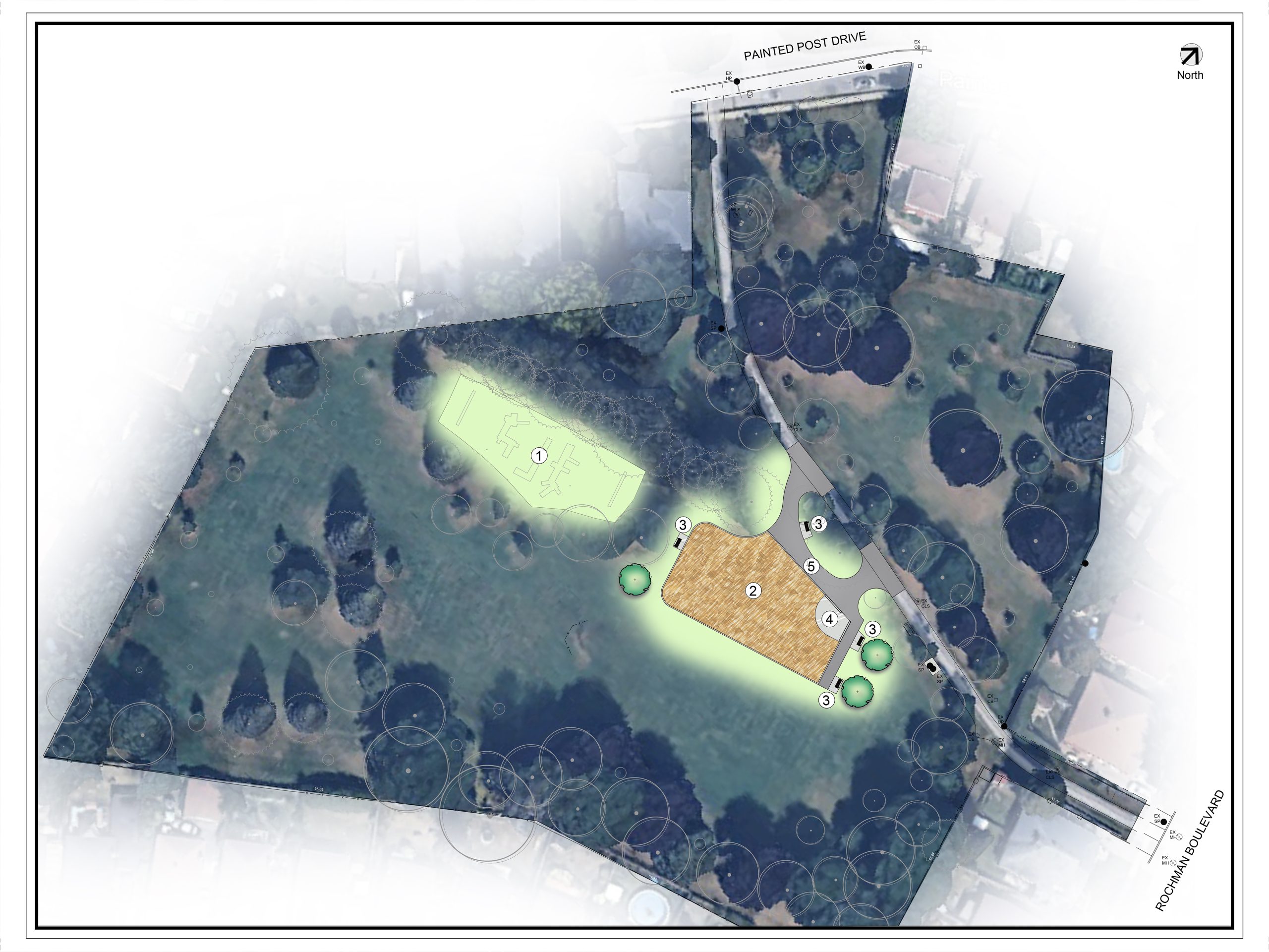 Site plan of Lusted Park playground improvements. The original playground is in the northwest area of the park. The new playground is slightly relocated to the east and connected by new asphalt paths to the main north-south pathway between Painted Post Drive and Rochman Boulevard.