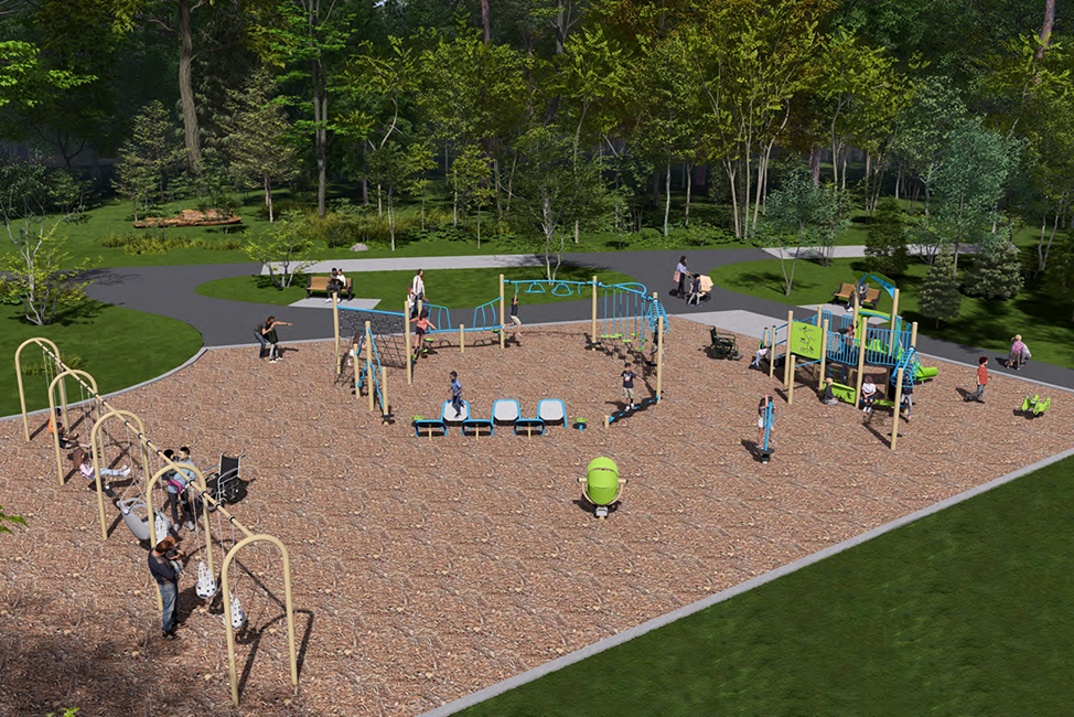 A rendering of the senior play structure from Playground Design B, looking towards the north. The structure includes step options, overhead climb options, and nets for climbing.