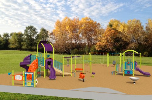 The final design for the new Highland Heights Park playground, which has been refined based on community feedback. It will be bright colours like yellow, orange and purple and will include the play features listed below.