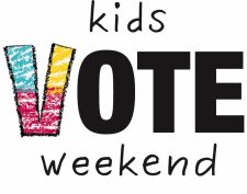 Toronto Elections Kids Vote Weekend branding. The text reads kids vote weekend with an artistic V shaded in by three colours that mimic crayon strokes.