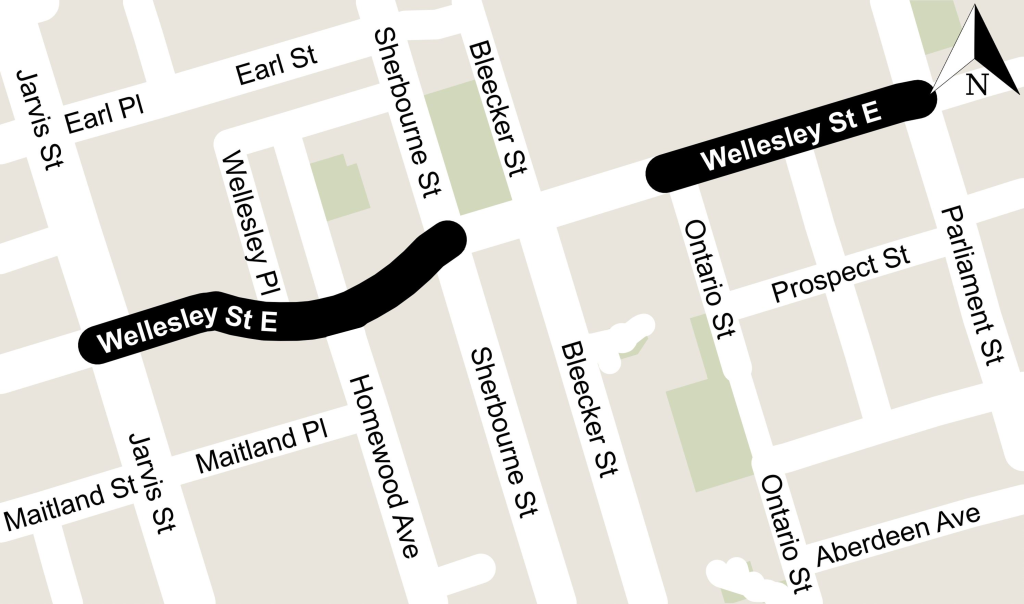 Construction map showing Wellesley Street East between Jarvis Street and Sherbourne Street and Wellesley Street East between Ontario Street to Parliament Street. 