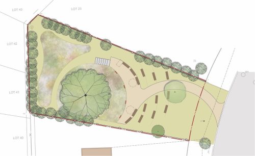 A plan of design option 2 which has a slightly curved path that ends in a curved seating area on the side of the tree closer to the street. Benches are placed in concentric arcs behind that area spreading away from the tree.