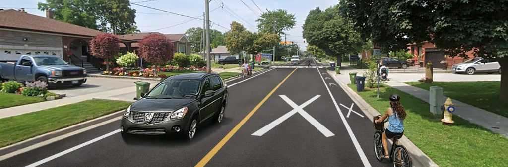 Artist rendering of proposed painted bike lane along Elmhurst Drive looking west towards Turpin Avenue.