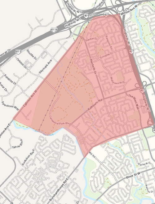 Map of Toronto's Centennial Park in Etobicoke, as well as the Eringate-Centennial-West Deane neighbourhood, where film permits are not be permitted during the tournament. 