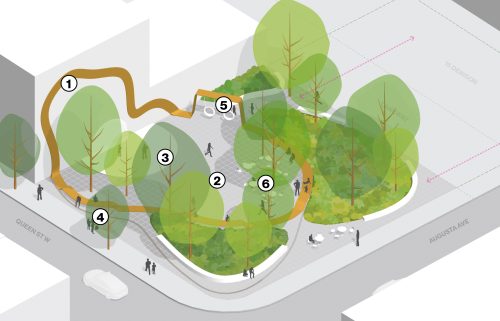 A diagram of Design Option B, Stories. The design is defined by a continuous, yellow ribbon-like sculpture that loops through a central paved plaza and lush planting beds. The ribbon rises and falls to create seating, play areas, and a canopy over a small performance stage. Large trees and native plant beds frame the open center, while the street edges feature low seat walls and bistro furniture. Numbered labels correspond to the legend below.