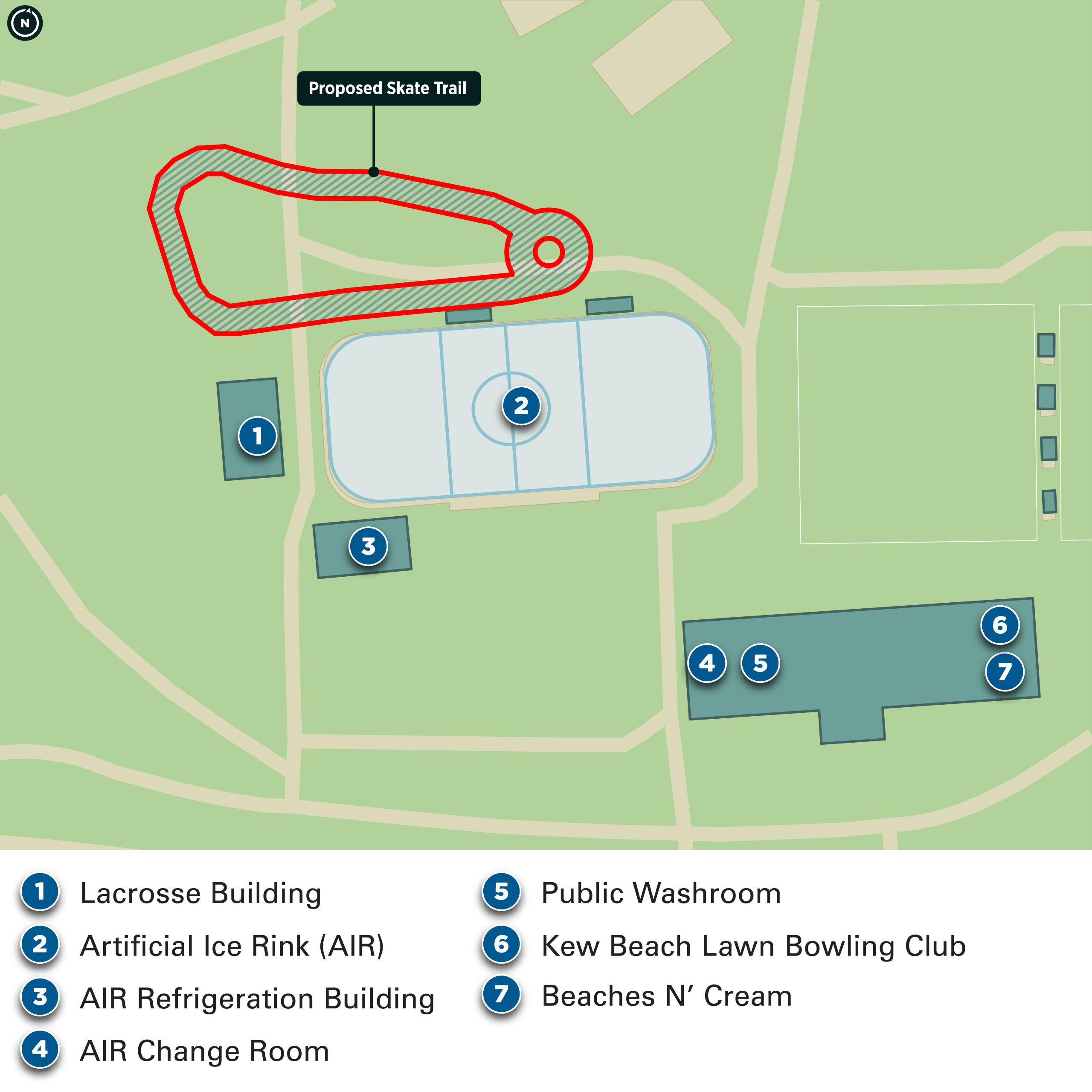 Zoomed in map of the area with facilities in the south end of Kew Gardens, showing an outline of the proposed location of the skating trail just north of the existing artificial ice rink (or AIR). Other currently existing facilities are shown including Lacrosse Building, artificial ice rink, AIR refrigeration building, AIR change room, public washroom, Kew Beach lawn bowling club, and Beaches N' Cream.
