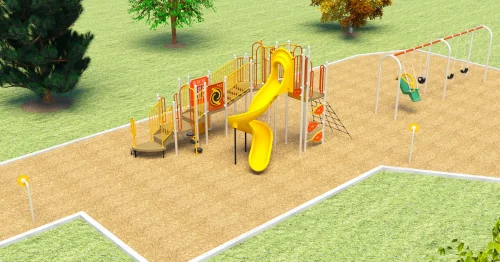 Aerial rendering of playground Option A looking south-east showing a large play structure in the centre and a swingset to the right. All play features are described below.