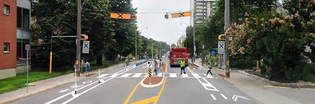 Illustrated rendering of proposed improvements to a pedestrian crossover on Davisville Avenue