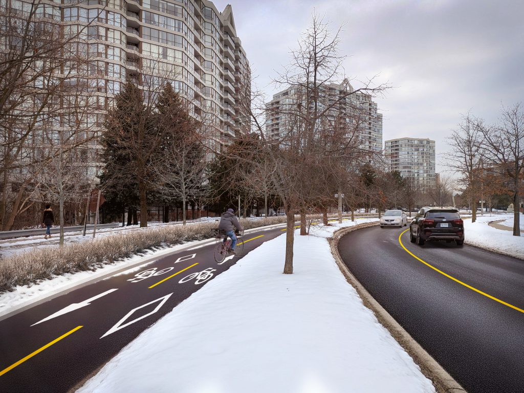 Artistic rendering for proposed Option 2 for Rowntree Road with north-east side of the median converted to a two-way bikeway with new plantings and both directions for motor vehicles on the south-west side of themedian​