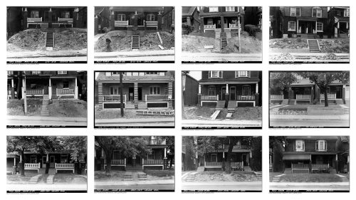 Twelve monochrome photographs depicting facades of semi-detached houses