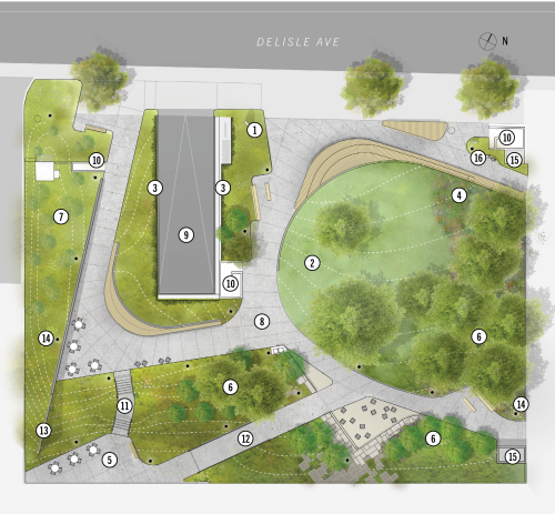 Site plan of the new park at 15 Delisle with features indicated with numbered labels. The plan shows a mix of paved walkways, a variety of seating options, and planting beds with mature trees and native plants.
