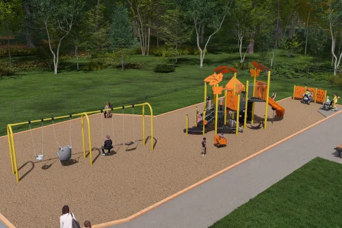 Aerial rendering showing playground option C looking south-east with features from left to right: swing set, play structure, spring toy, and stand-alone play panels. All play features are described below. 