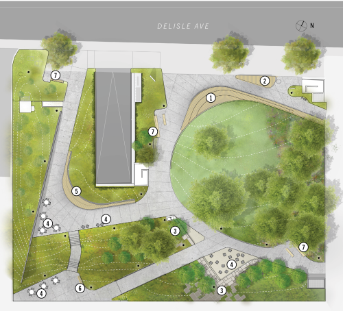 Site plan of the new park at 15 Delisle, with different seating options indicated with numbered labels. Seating includes built-in benches, moveable café furniture, tiered seating and more. 