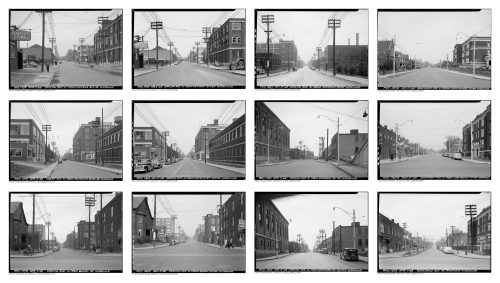 Twelve monochrome photographs depicting linear perspective street view.