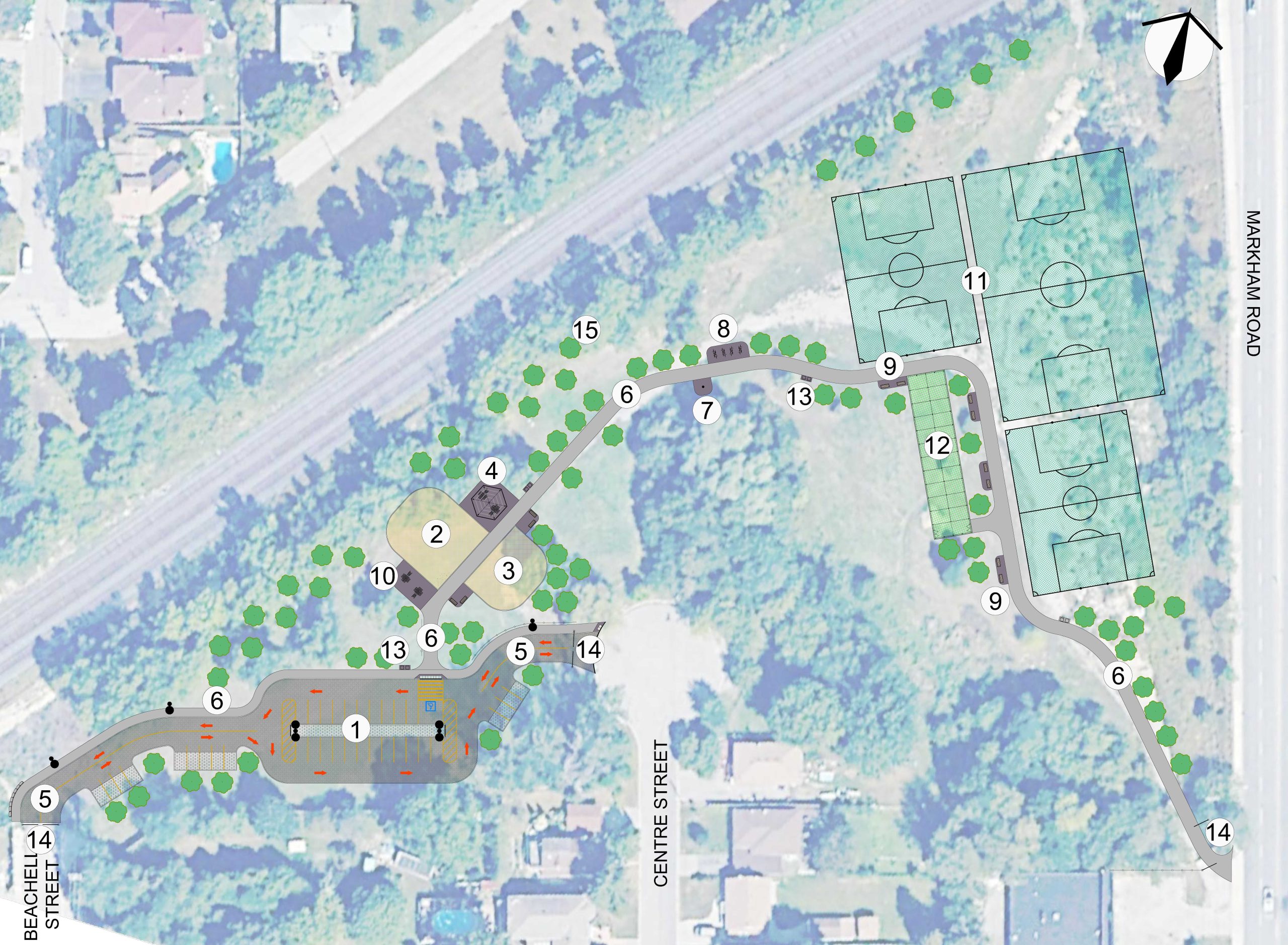 A map of the site plan of the new park. From west to east, the plan a parking lot, pathways leading to play and seating areas, and three proposed soccer fields and cricket batting cages on the east side close to Markham Road.