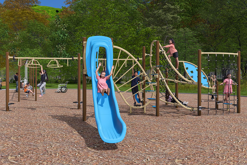 Option A Senior Play Structure. From Left to right, there are steering wheel monkey bars, ring monkey bars, a large slide, climb structures which include two horizontal climbing nets, and one vertical climbing net.