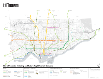 A map of the City of Toronto and neighbouring towns and cities depicting existing and future rapid transit network plans including subways, light rail, bus rapid and heavy rail transit lines. The map displays lines and stations, as well as transit hubs, that are existing, under procurement and construction, preliminary design and in development as of 2026.