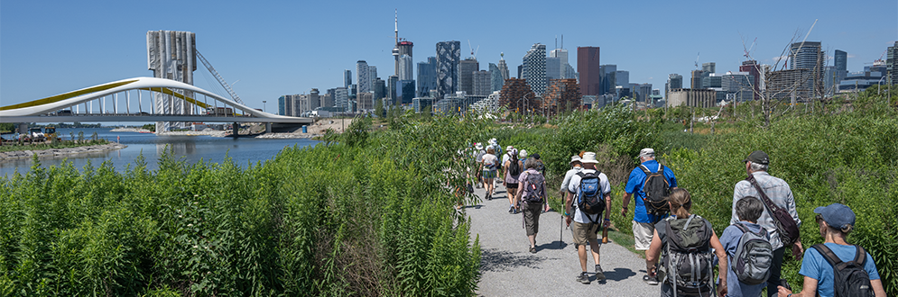 Group of hikers walking along a riverside trail with the Toronto skyline and a modern bridge in the background.
