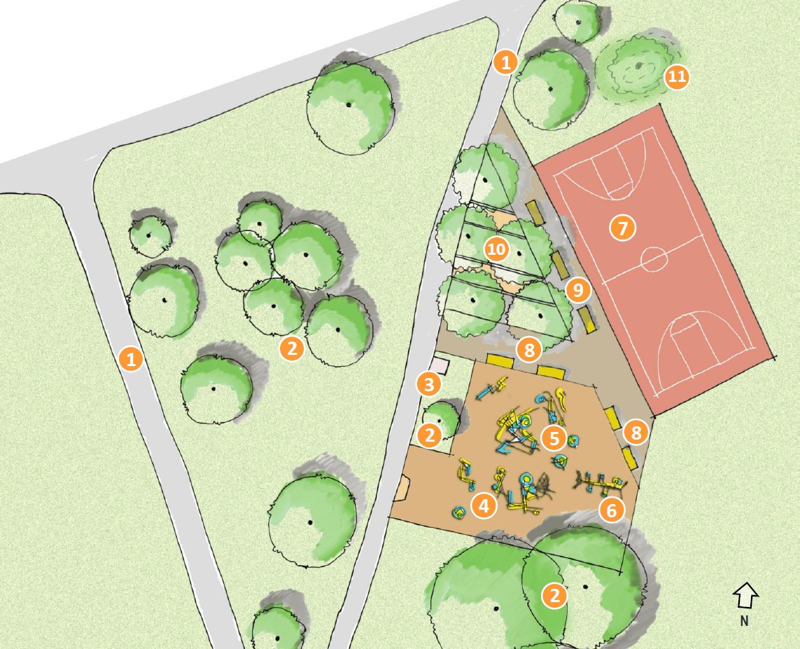 Site plan of proposed playground area layout option A at Rowena Park, indicating the main play area, seating options, pathways and the proposed new basketball court located north of the playground.