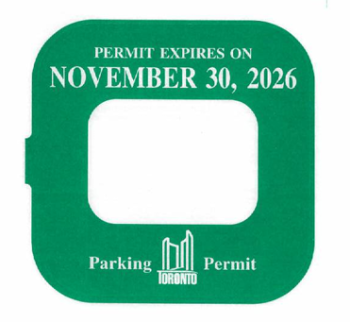 A image of parking permit sticker that is green and reads Permit Parking expires on November 30, 2026.