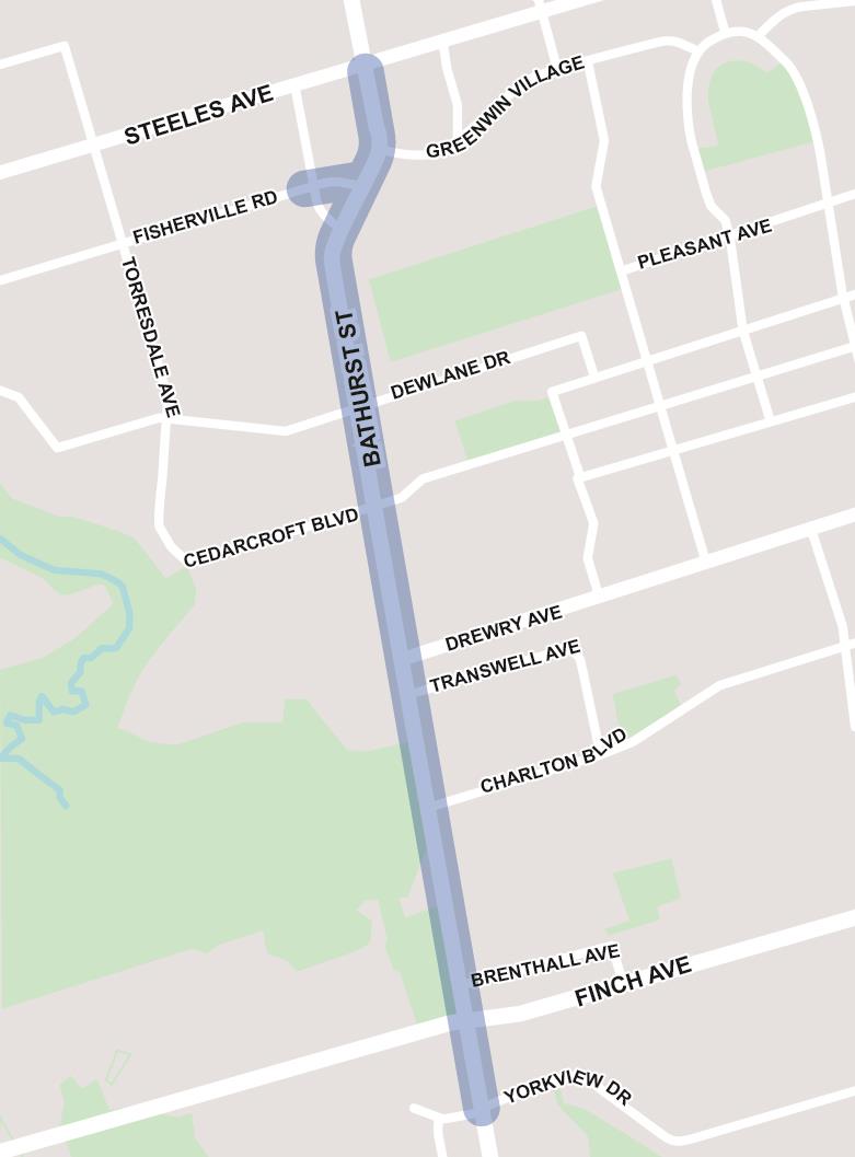 Map of work area is along Bathurst Street from Steeles Avenue to Kingsbridge Court. If you have any questions please contact Mark De Miglio at bathurstconstruction@toronto.ca or call 416 395 7178.