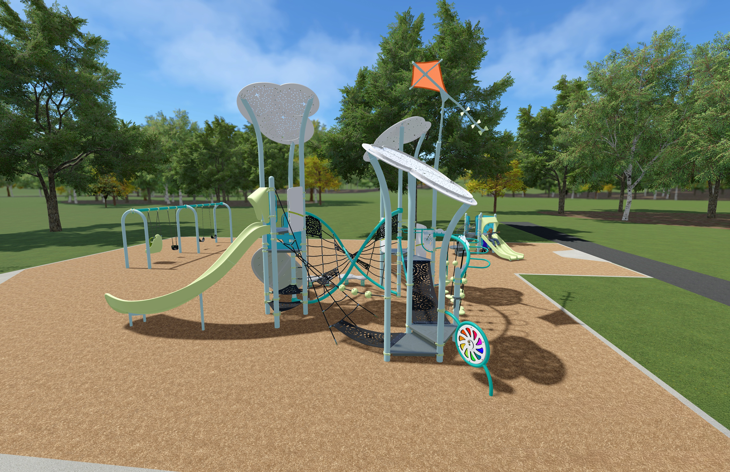 An aerial view of Playground Design A looking to the east from the west. From the lower left to the upper right, it includes a swing set, senior play equipment, and a junior play structure.