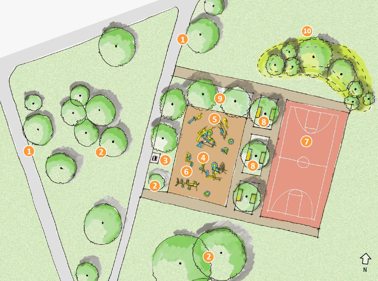 Site plan of proposed playground area layout option B at Rowena Park, indicating the main play area, seating options, pathways and the proposed new basketball court located east of the playground.