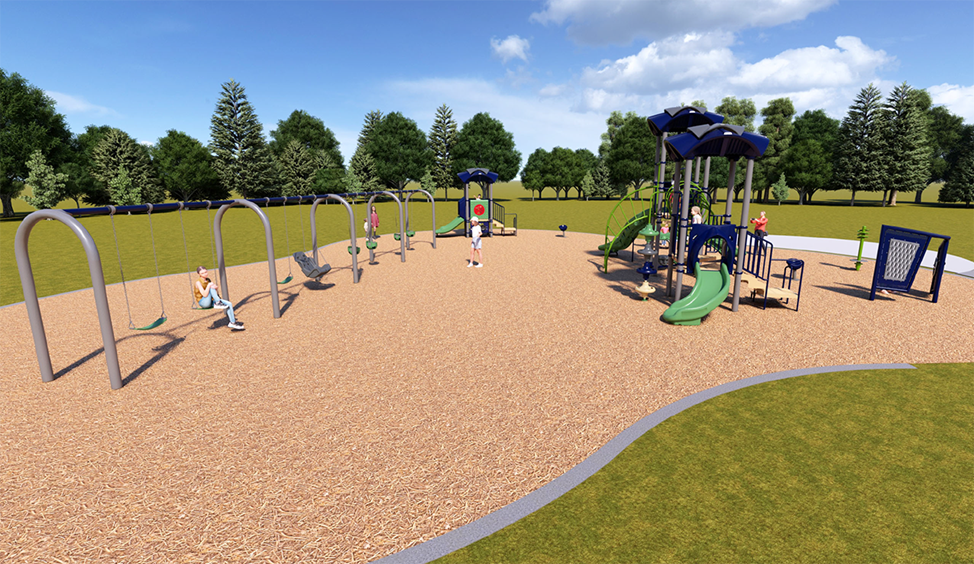 Playground option C full play area. From left to right, it includes swings, junior play structure with a double slide and climbing options, and a senior play structure.