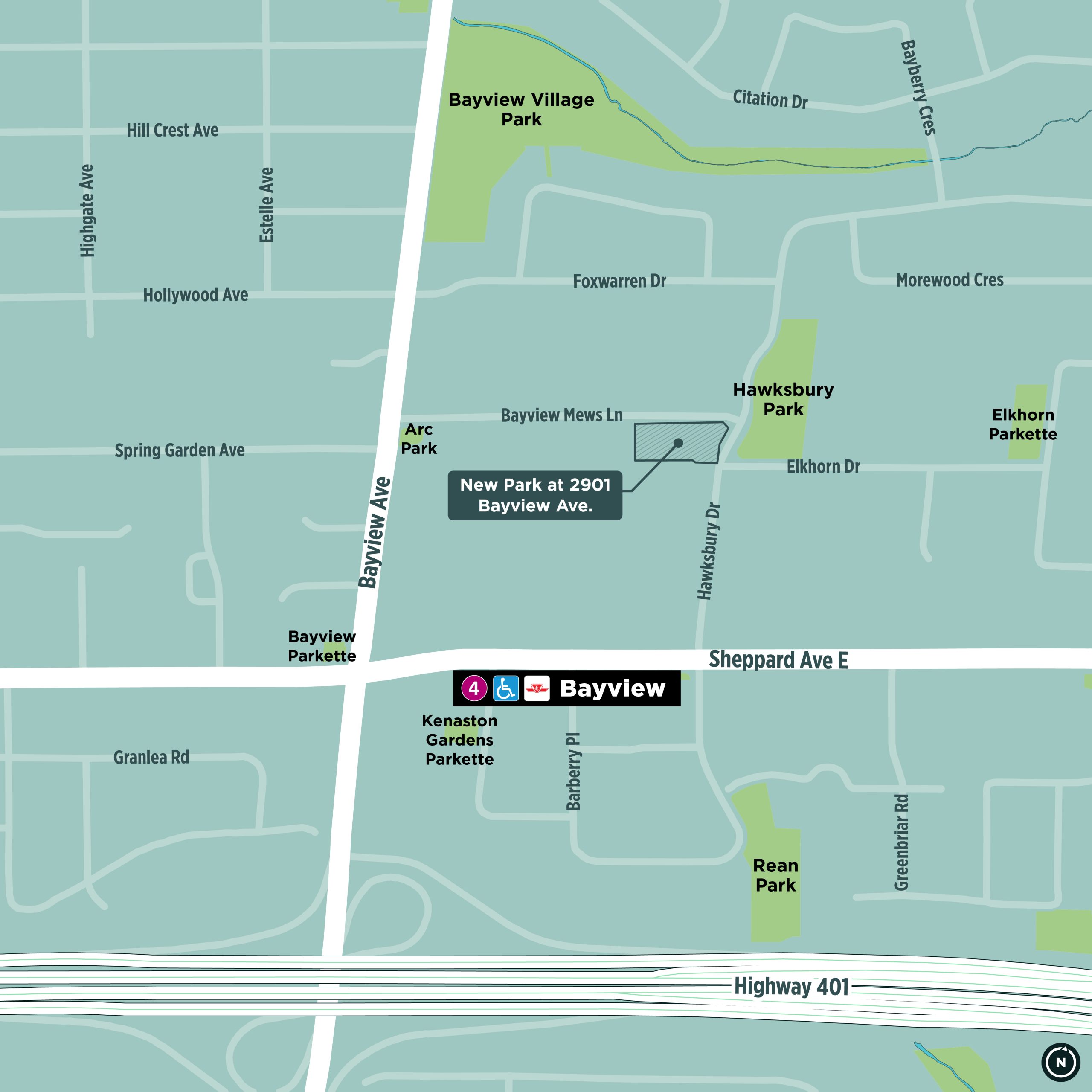 Context map of the Bayview Village neighbourhood showing the proposed new park area outlined. The site is located at 2901 Bayview Avenue, south of Bayview Mews Lane, west of Hawksbury Drive, and north of Sheppard Avenue East. It is approximately 300 metres north of Bayview subway station.
