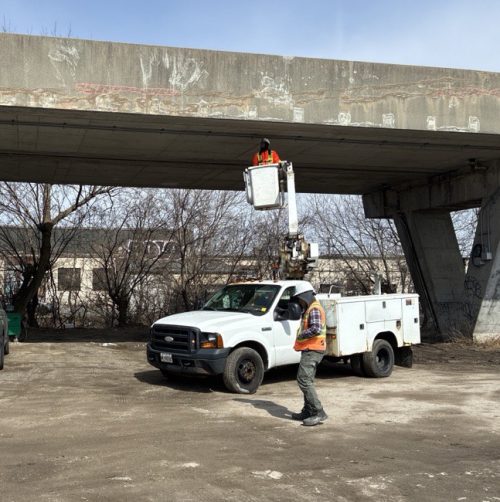 Photo of consultant engineers investigating the structural integrity of the SRT, just east of Midland Avenue (April 2026)