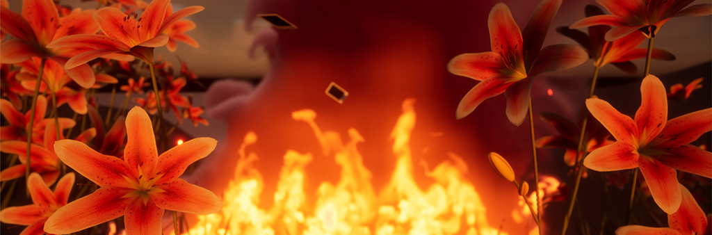 Illustration of fire, smoke and orange flowers