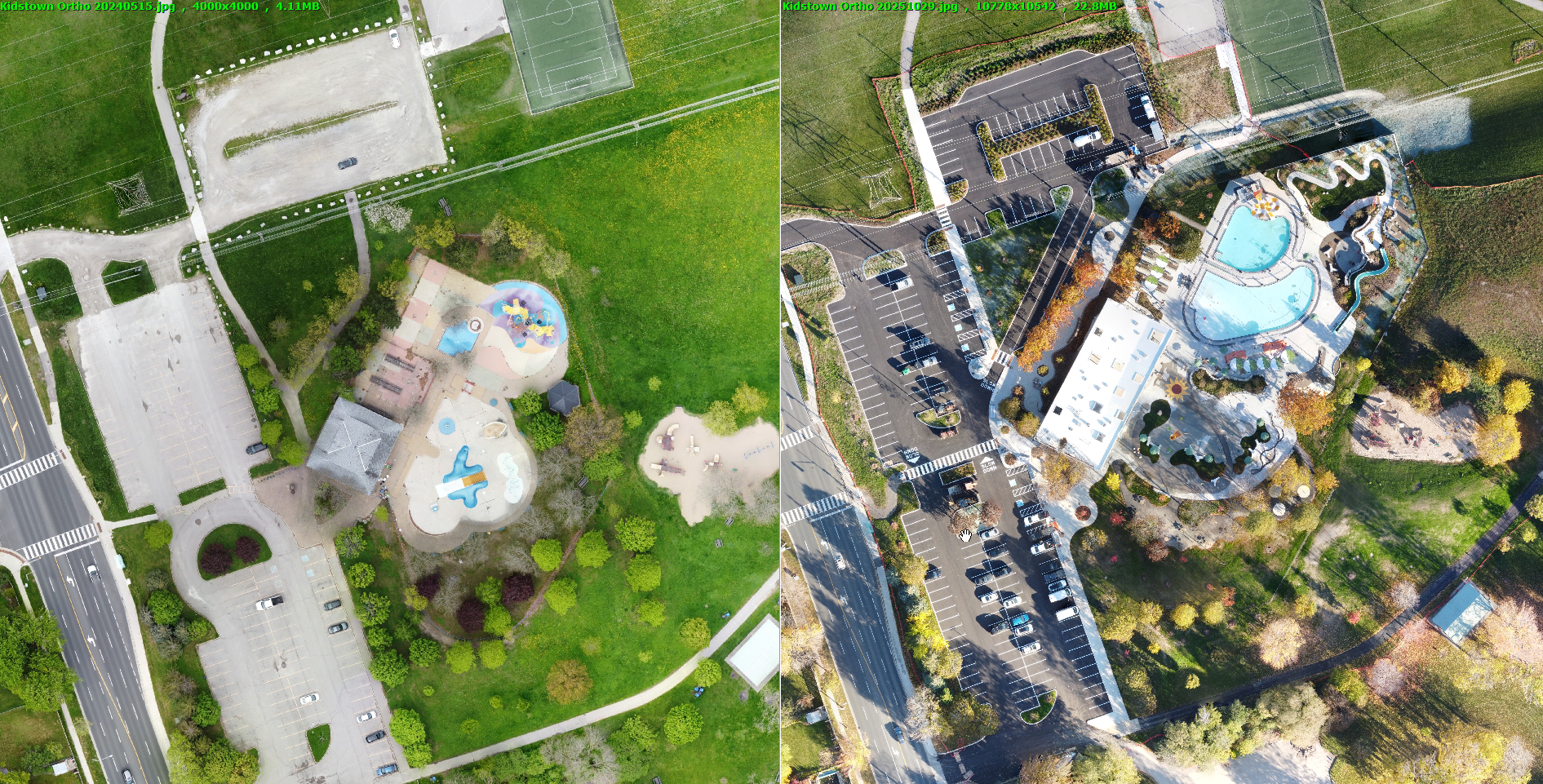 Side-by-side aerial images comparing a park before and after renovation: the left image shows an older, sparse playground with limited features and open grass, while the right image shows a redesigned park with bright blue water play areas, landscaped paths, expanded parking, and surrounding greenery.