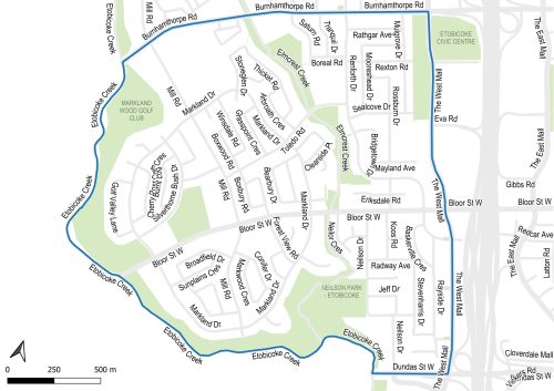 The Markland Wood Streets Plan project area is located between Etobicoke Creek to the west, Dundas Street to the south, The West Mall to the east, and Burnhamthorpe Road to the north. 
