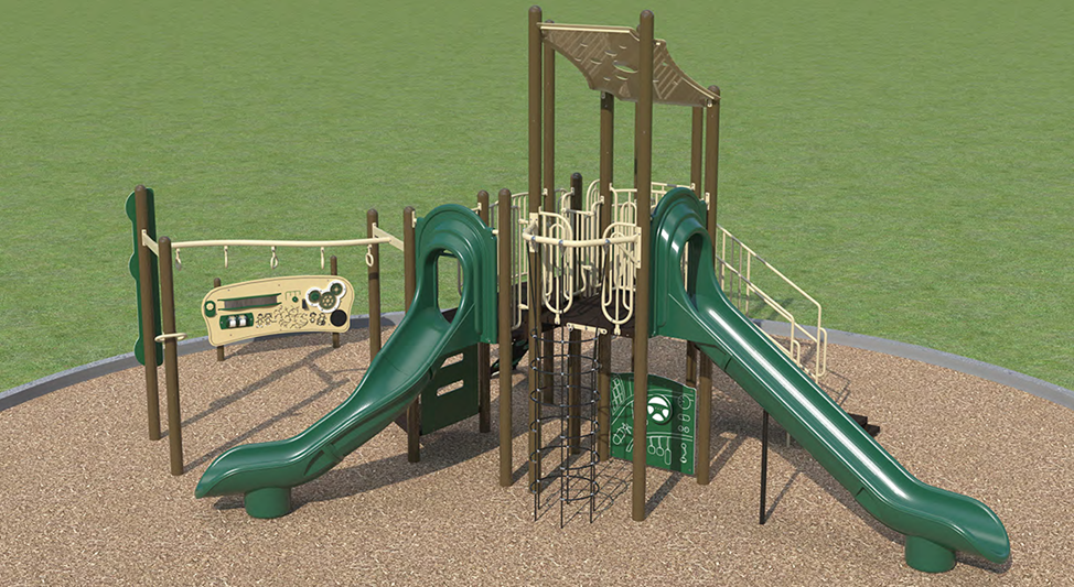 Option B Senior Play structure. From left to right it includes a play panel, overhead ring monkey bars, two large slides, climb options into the senior play structure, and a play panel underneath the structure.