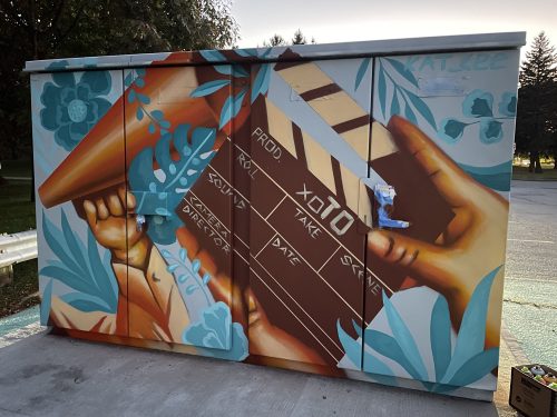Close up view of artist painted power drop box at Ashbridges Bay Park
