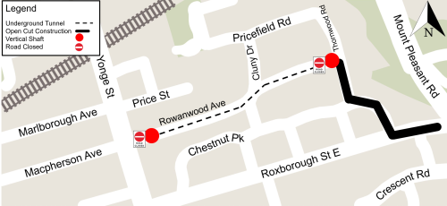 Map showing construction area on Rowanwood Avenue from Yonge Street to Wrentham Place. Road closure on Rowanwood Avenue, east of Yonge Street. Road closure of Rowanwood Avenue and Thornwood Road intersection.