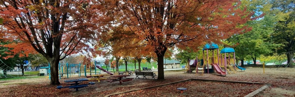 Christie Pits Park playground looking west from the park pathway. There is a sandbox in the foreground, tables and benches and large canopy trees behind it, and play equipment further back. The playground is surrounded by mature trees.