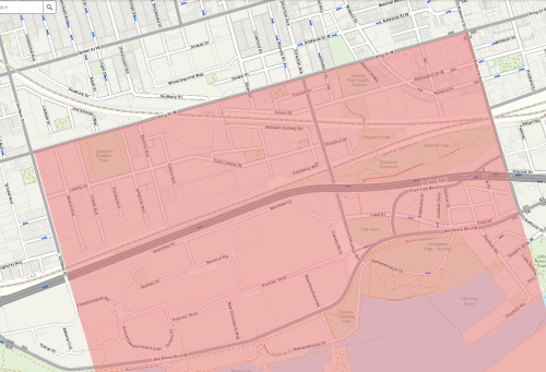 Map of Toronto’s downtown core, with an orange polygon layer illustrating the zone where film permits on arterial roads are limited on and around game days played in Toronto. This zone is bound by Lansdowne Avenue, Bloor Street East and West, Bayview Avenue and Lake Ontario.