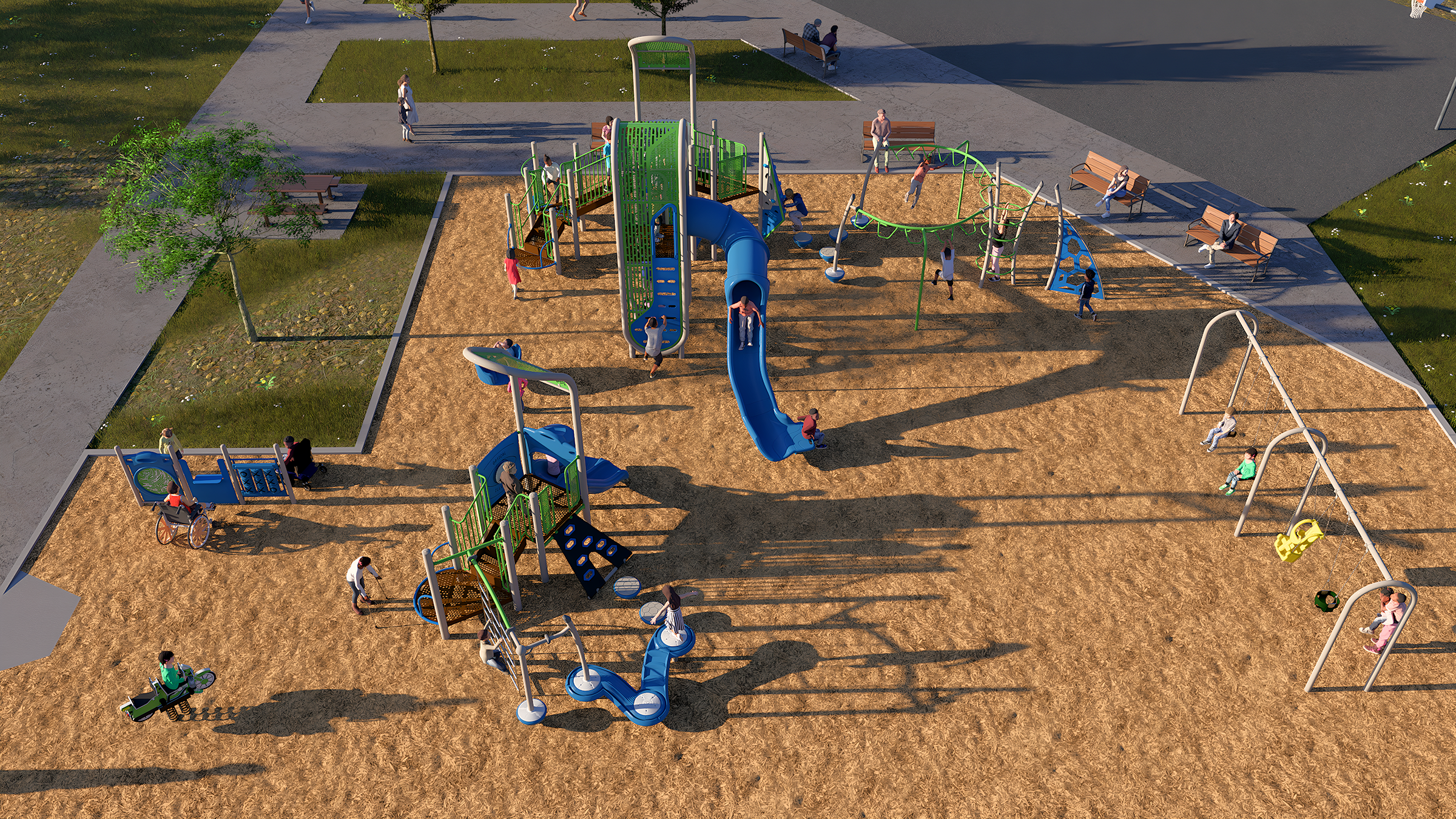 An aerial view of Playground Design C looking to the northwest from the southeast. From the lower left to the upper right, it includes a junior play structure. senior play structure, climber and swing set.
