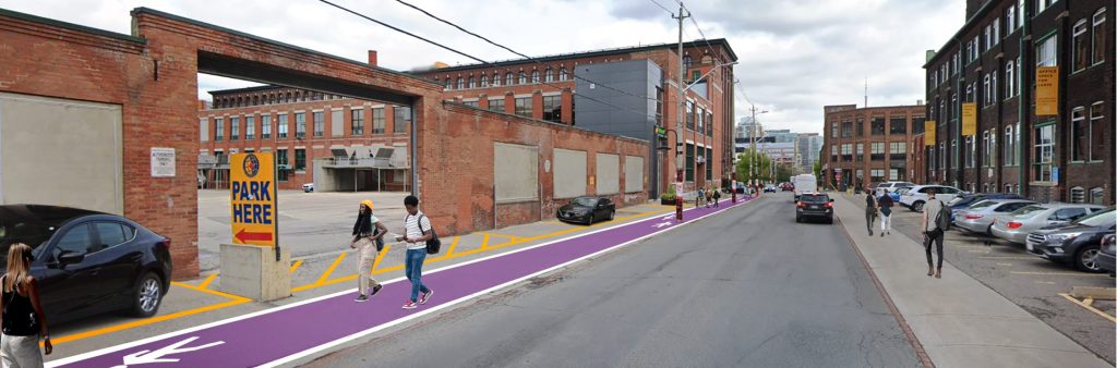A rendering of a painted pedestrian sidewalk on a local road with commercial buildings on both sides.