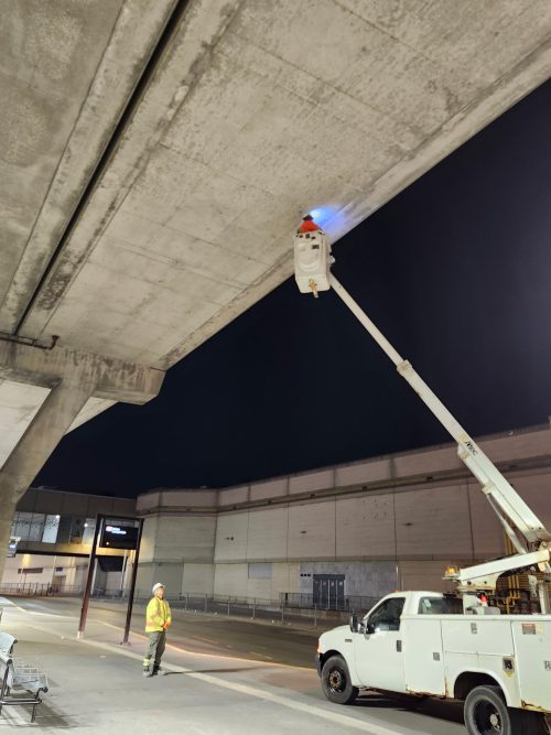Photo of consultant engineers investigating the structural integrity of the Scarborough Rapid Transit, at Scarborough Centre Station (April 2026)