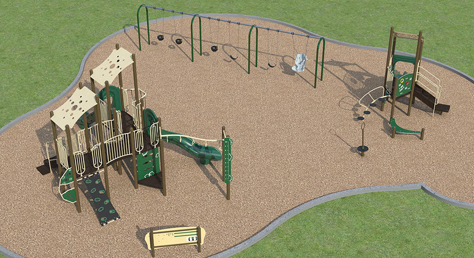Playground Design B full play area. From the left, it includes play panels, a senior play structure with two slides and climb options, a standing spinner toy, a junior play structure with a double slide, and a swing set with three toddler swings, two belt sings and one accessible swing.